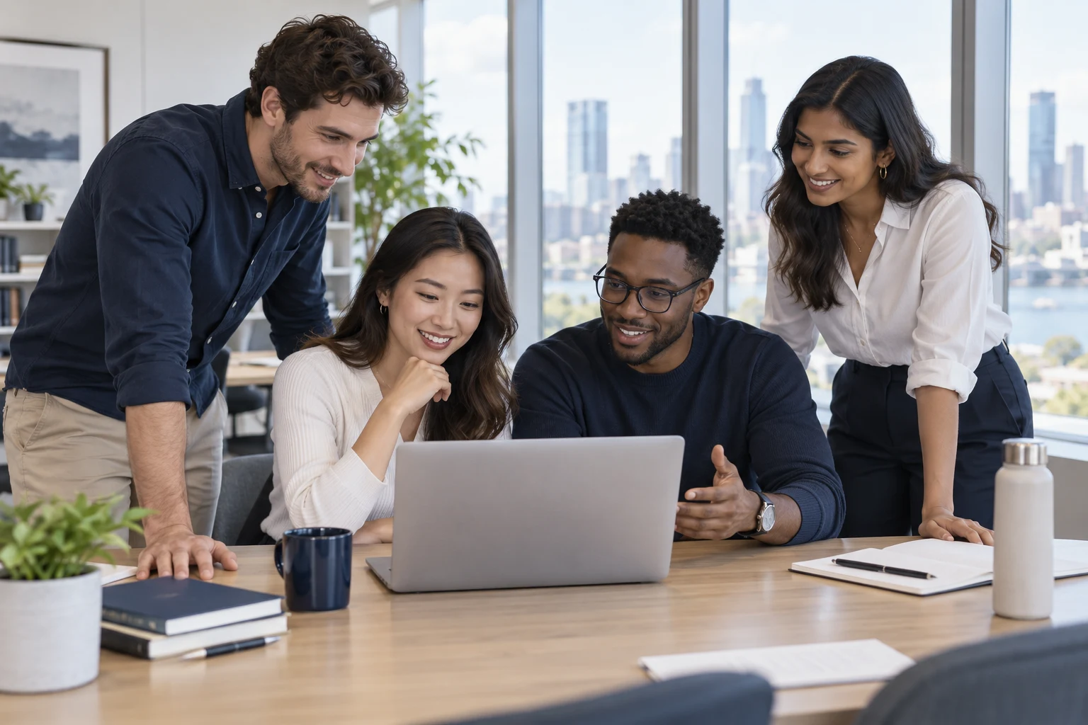Illustration of a technology team collaborating around a laptop